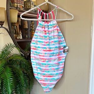 Brand New Victoria's Secret Swimsuit High Neck Strappy Back White Bright Coral